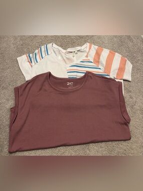 24/7 Mauve Ribbed Top + Striped White & Coral Tee (Set)